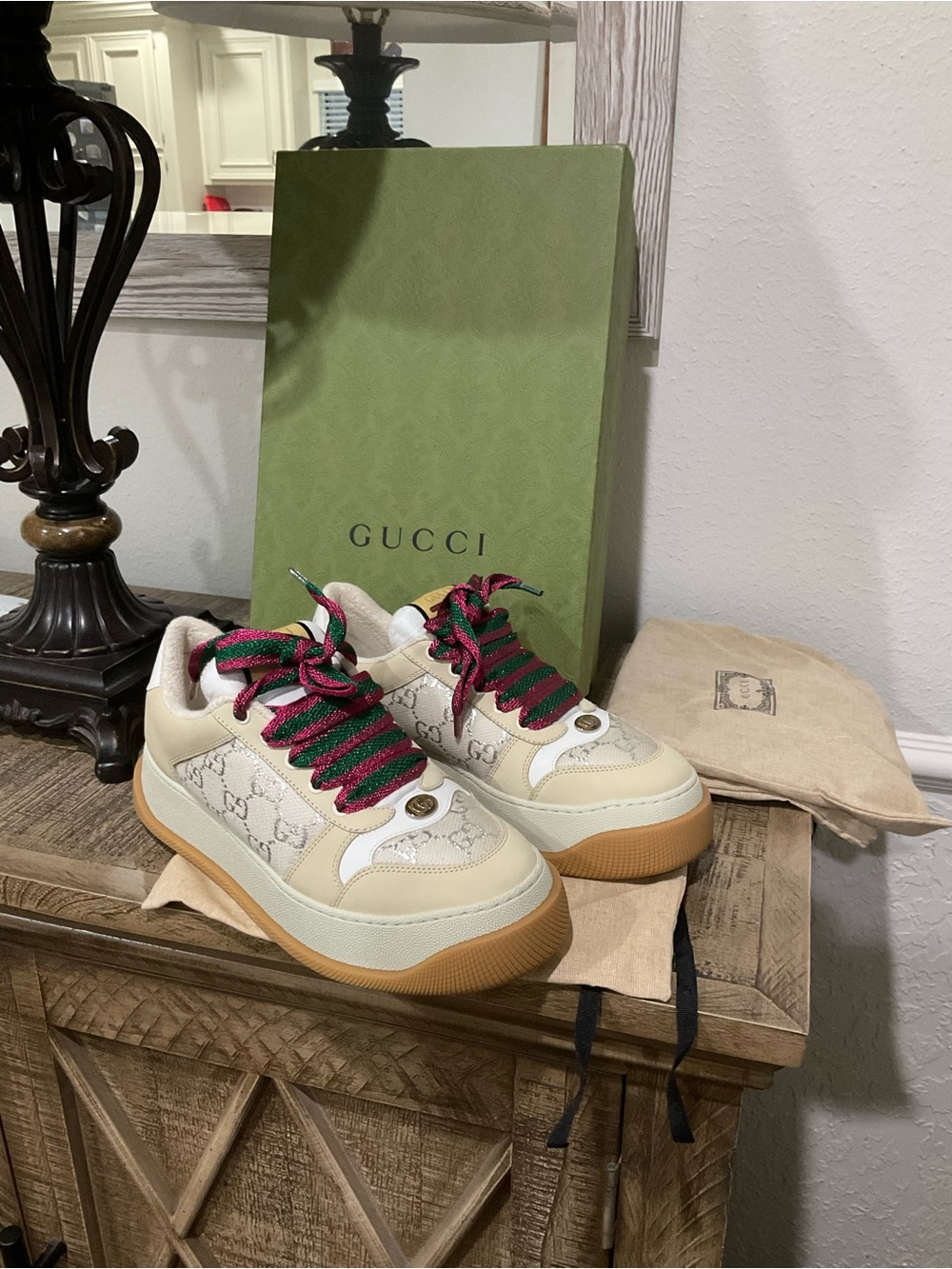 Gucci Cream GG Canvas Sneakers with Green & Red Striped Laces